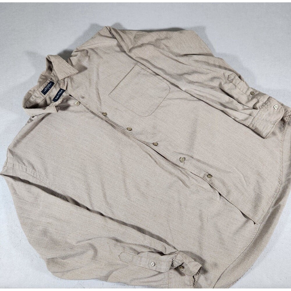 Nautica Button Up Long Sleeve Shirt Men's Size Large L Beige Cotton